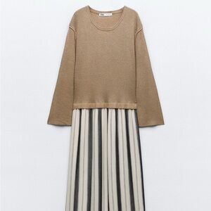Zara | Striped Combination Knit Maxi Dress | Tan & Navy Striped Skirt | Size M